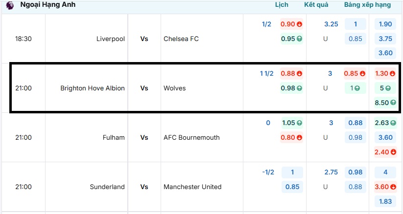Bảng tỷ lệ kèo trận đấu Brighton Hove Albion vs Wolves