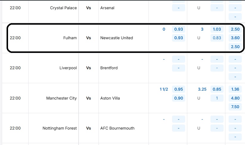 Bảng tỷ lệ kèo trận đấu Fulham vs Newcastle United