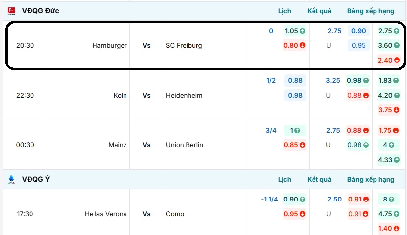 Bảng tỷ lệ kèo trận đấu Hamburger vs SC Freiburg