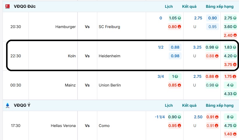Bảng tỷ lệ kèo trận đấu Koln vs Heidenheim