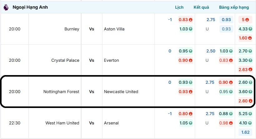 Bảng tỷ lệ kèo trận Nottingham Forest vs Newcastle United