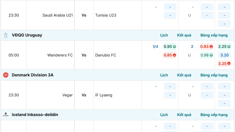 Bảng tỷ lệ kèo trận đấu Wanderers FC vs Danubio FC
